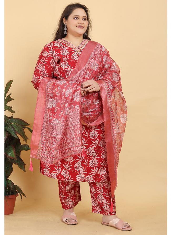 Premium Viscose Red Casual Wear Printed Readymade Plus Size Suit